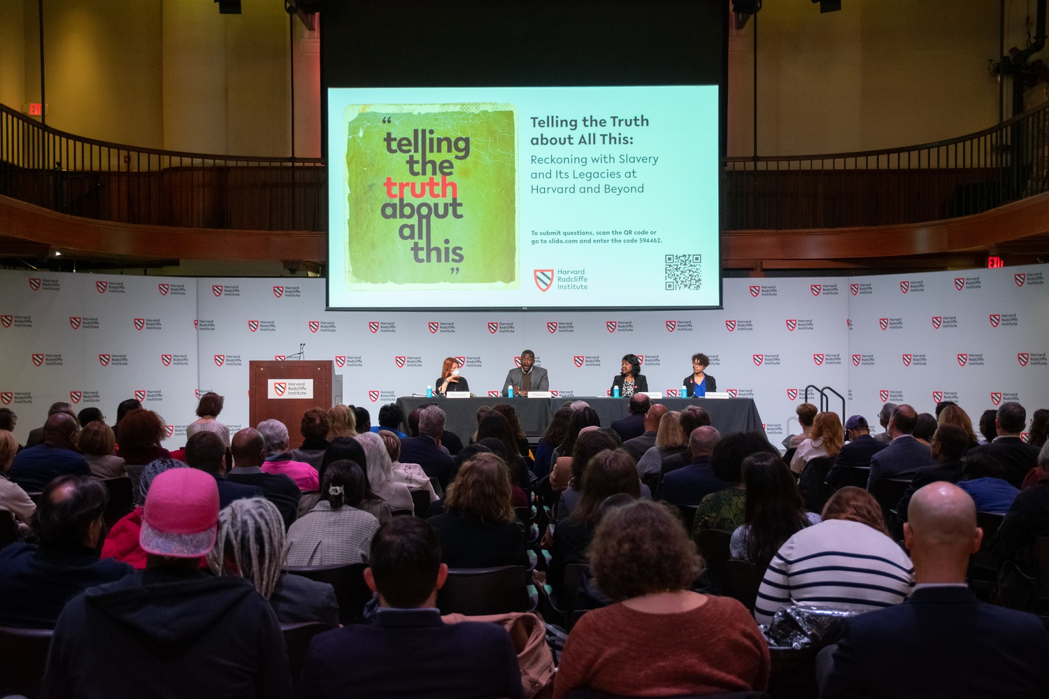 Panelists speak at a conference called “Telling the Truth about All This: Reckoning with Slavery and Its Legacies at Harvard and Beyond,” held at the Radcliffe Institute for Advanced Study on Friday.