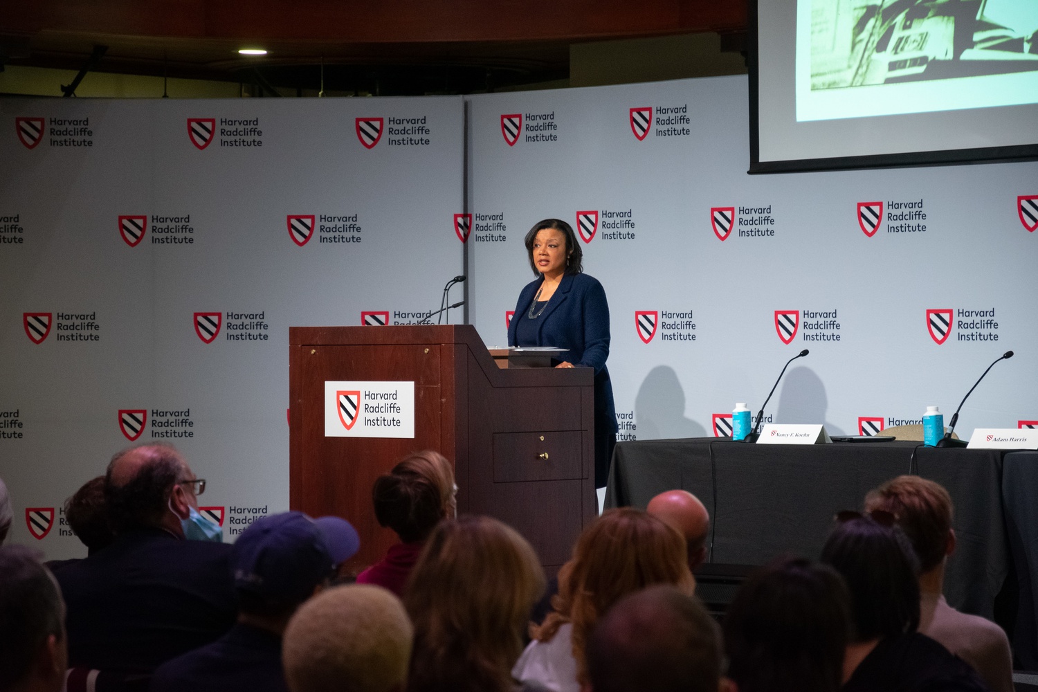 Radcliffe Dean Tomiko Brown-Nagin speaks at a conference about Harvard's legacy of slavery, held at the Radcliffe Institute for Advanced Study on Friday.