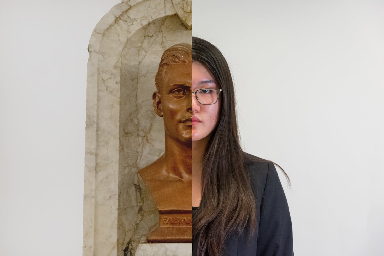 Fabian Fall, former president of The Harvard Crimson whose bust is displayed in the newspaper's building, alongside Meimei Xu, a current Crimson editor.