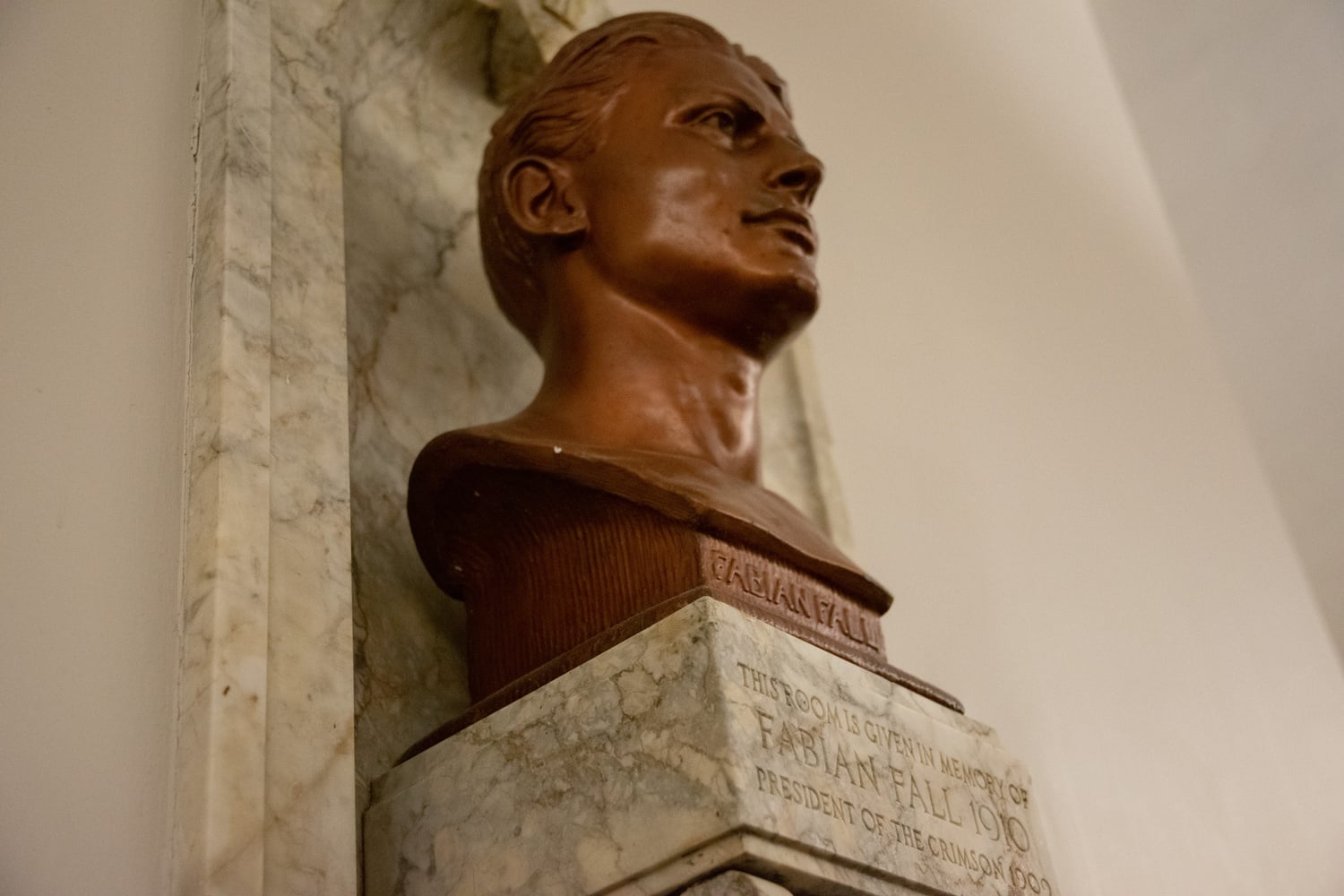 Fabian Fall, a former President of the Harvard Crimson, died by suicide in 1909. His memorial bust stands in the Sanctum of the Crimson's headquarters.
