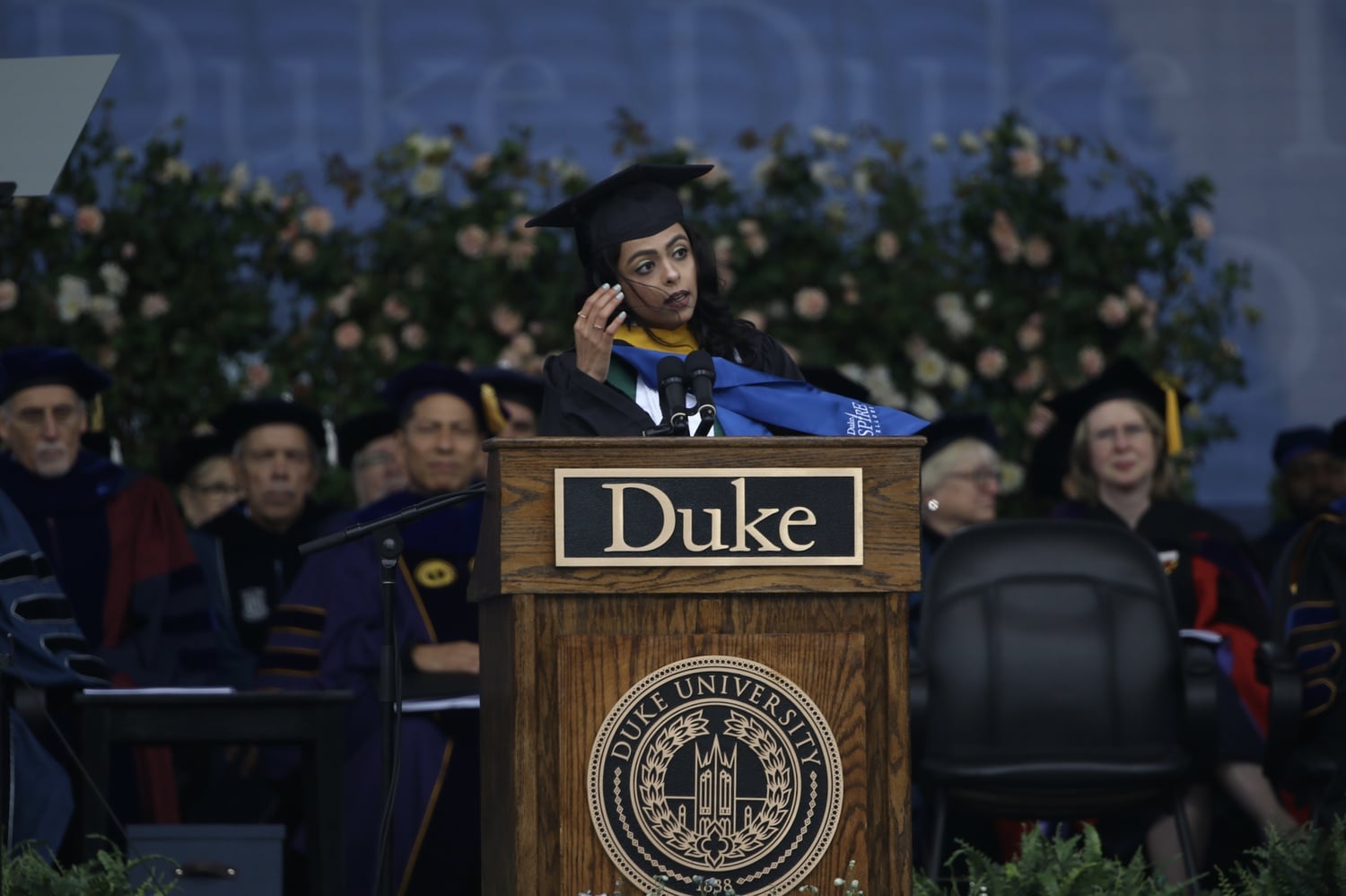 Priya Parkash speaks at Duke's commencement ceremony on Sunday. Parkash's speech appears to have plagarized a 2014 student commencement address at Harvard.