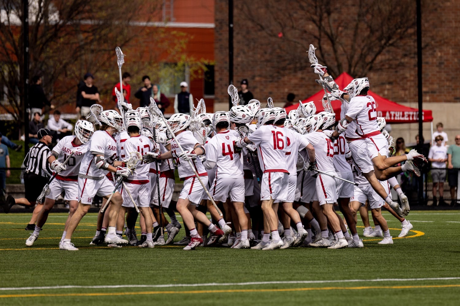Harvard men's lacrosse celebrates a 19-16 comeback victory over Princeton on April 23. On May 15, the Crimson fell in the first round of the NCAA Tournament at the hands of No. 6 Rutgers, 19-9.
