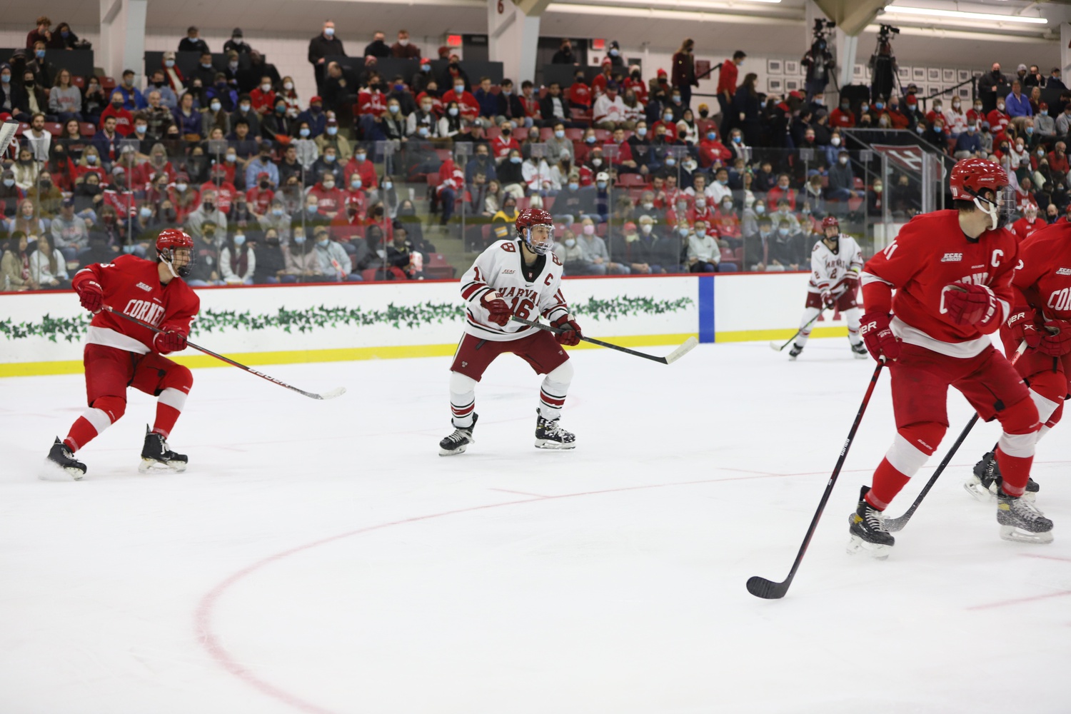 Junior forward and captain Nick Abruzzese awaits the puck amid a sea of Cornell defenders in a 3-2 victory over the Big Red on Nov. 5. The Slate Hill, N.Y. native capped off his season by making his professional debut with the Toronto Maple Leafs.