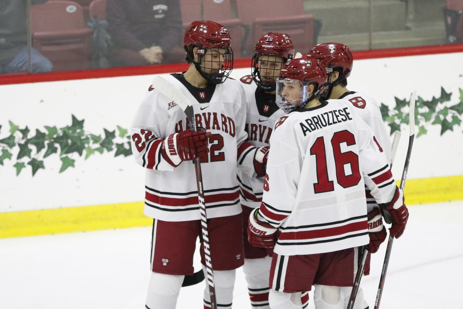 Junior forward and captain Nick Abruzzese celebrates with his team in a 7-1 victory over St. Lawrence on March 7, 2020. Abruzzese's leadership was critical in Harvard's 2022 ECAC triumph.