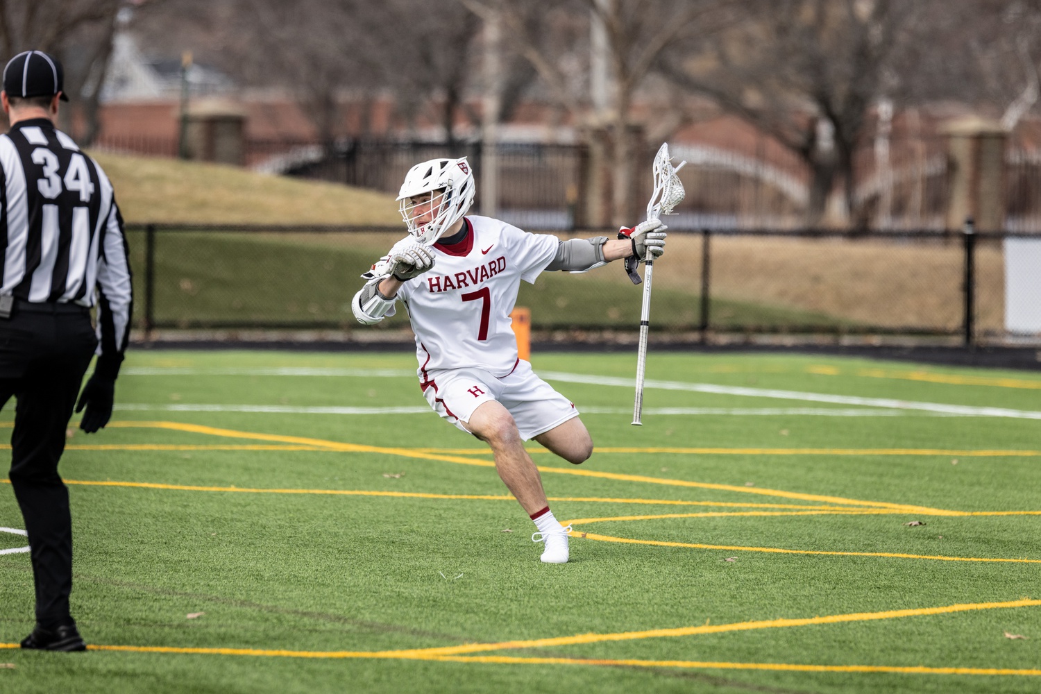 The Crimson plays against New Jersey Institute of Technology on Feb. 19, 2022 in first-year Sam King's first college in-season game. King was ranked as the 21st overall recruit in the nation by Inside Lacrosse upon his recruitment to Harvard.