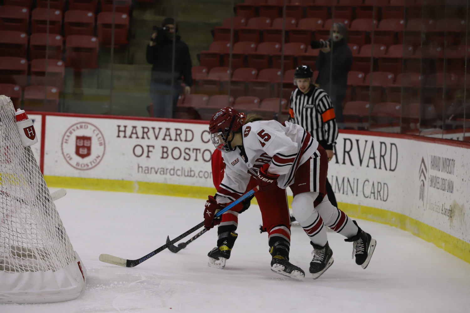 Harvard women's ice hockey goes up against Rensselaer Polytechnic Institute on Dec. 4, 2021. In another nail-biter, the Crimson won 4-3 in overtime.