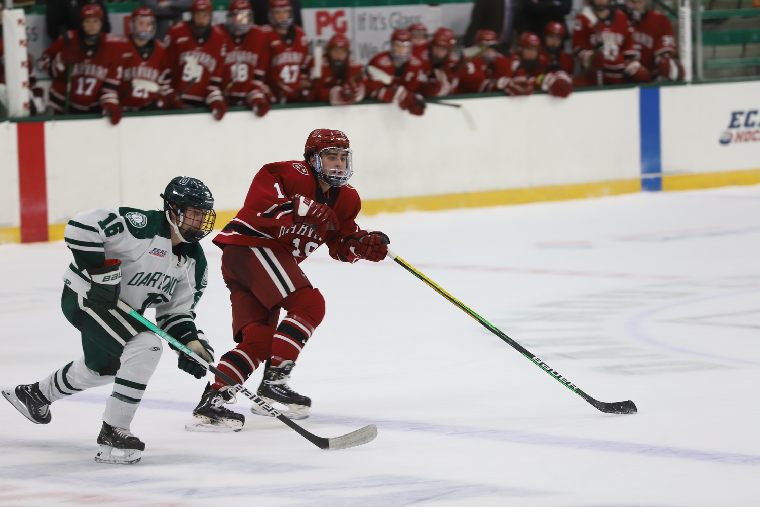 The Crimson plays Dartmouth on October 29, 2021 in Hanover, N.H. The 9-3 blowout featured 2 goals and 2 assists from first-year forward Matthew Coronato.