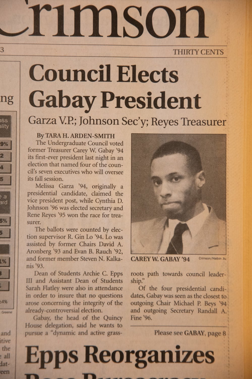 The Undergraduate Council selected Carey W. Gabay ’94 as its first Black leader in 1993.