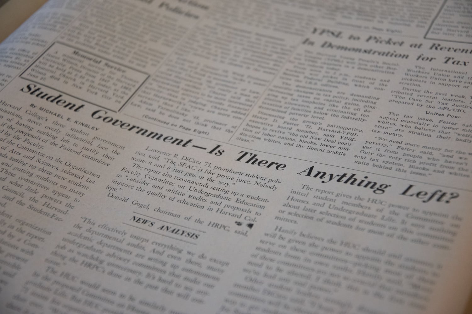 A 1969 Crimson headline reads "Student Government — Is There Anything Left?"