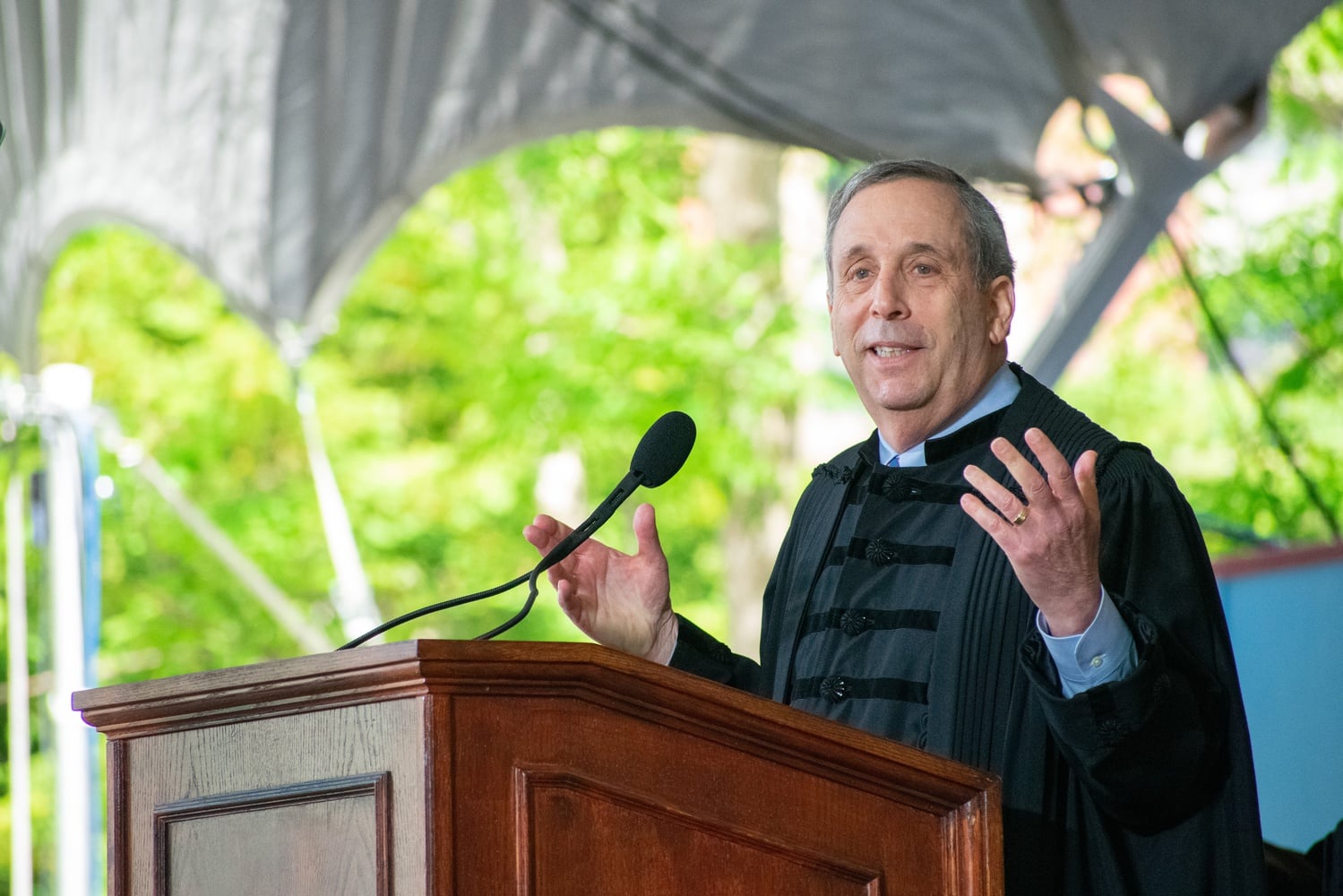 University President Lawrence S. Bacow, who announced his departure Wednesday, pictured at Harvard's Commencement Exercises for the Class of 2022 in May.