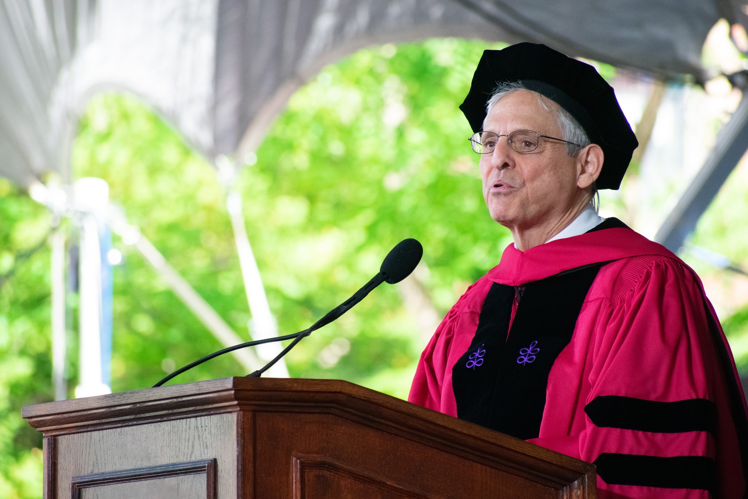 United States Attorney General Merrick B. Garland ’74 speaks at Harvard's Commencement ceremony on Sunday.