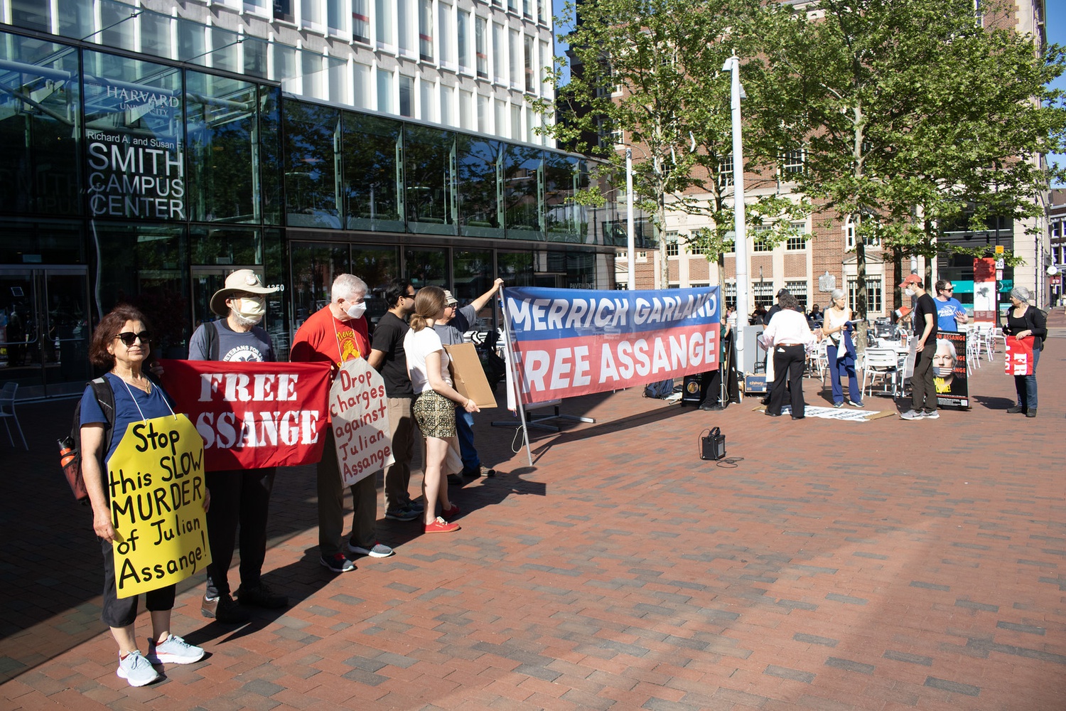 Protestors gathered on in front of Harvard's Smith Campus Center to protest a Commencement address by Attorney General Merrick B. Garland ’74.