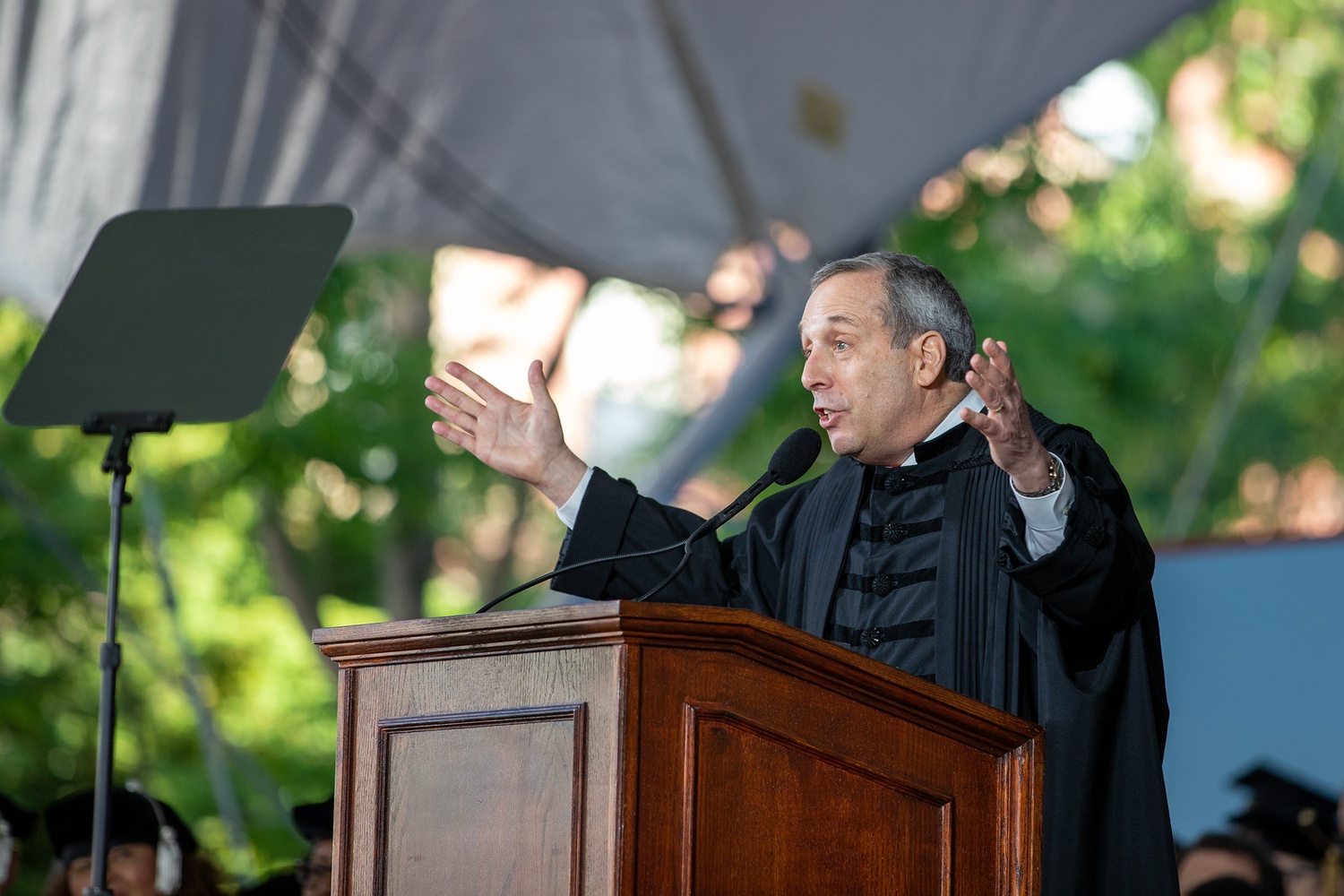 University President Lawrence S. Bacow addresses the Classes of 2020 and 2021 at Sunday's Commencement ceremony.