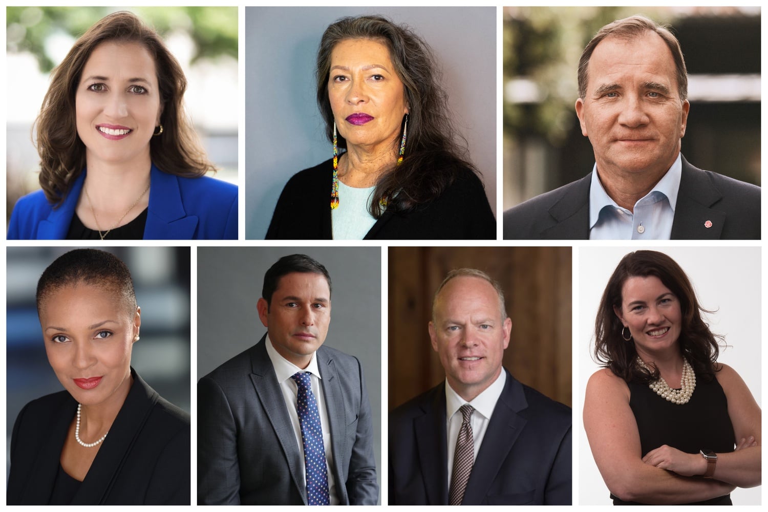 Pictured clockwise from left, incoming Harvard Institute of Politics fellows Natalie Tennant, Judith LeBlanc, Stefan Löfven, Stephanie Carlton, Matthew Mead, Raul Alvillar, and Gloria Browne-Marshall.