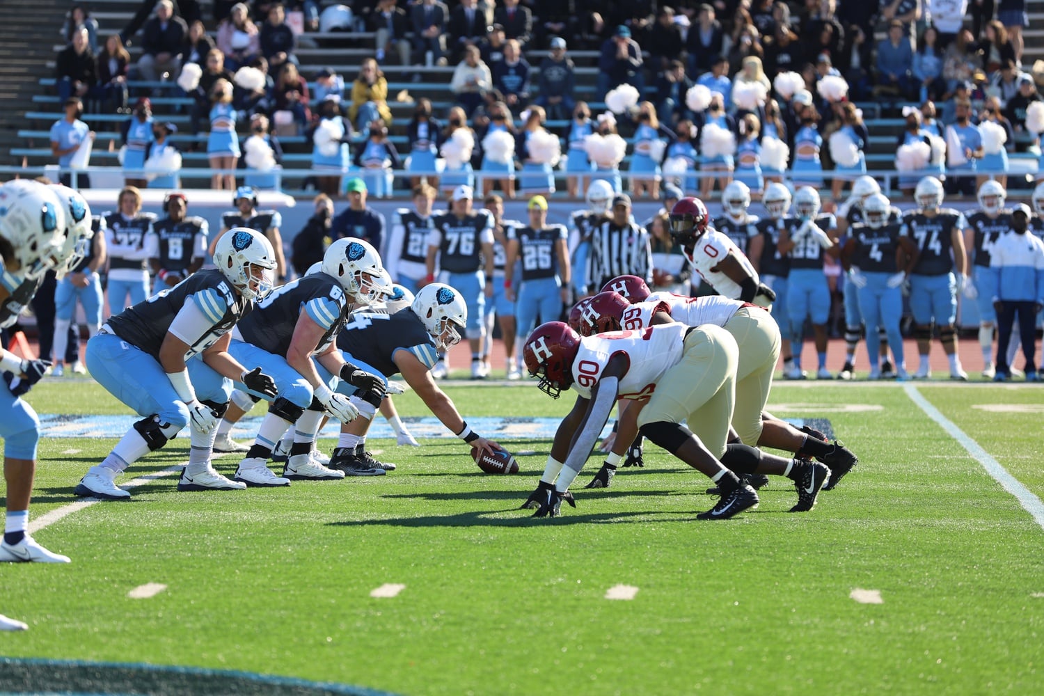 Senior defensive lineman Truman Jones lines up for a snap in 49-21 victory over Columbia in New York City on Nov. 6, 2021. The Atlanta native will serve as the 148th Captain of Harvard Football this fall.
