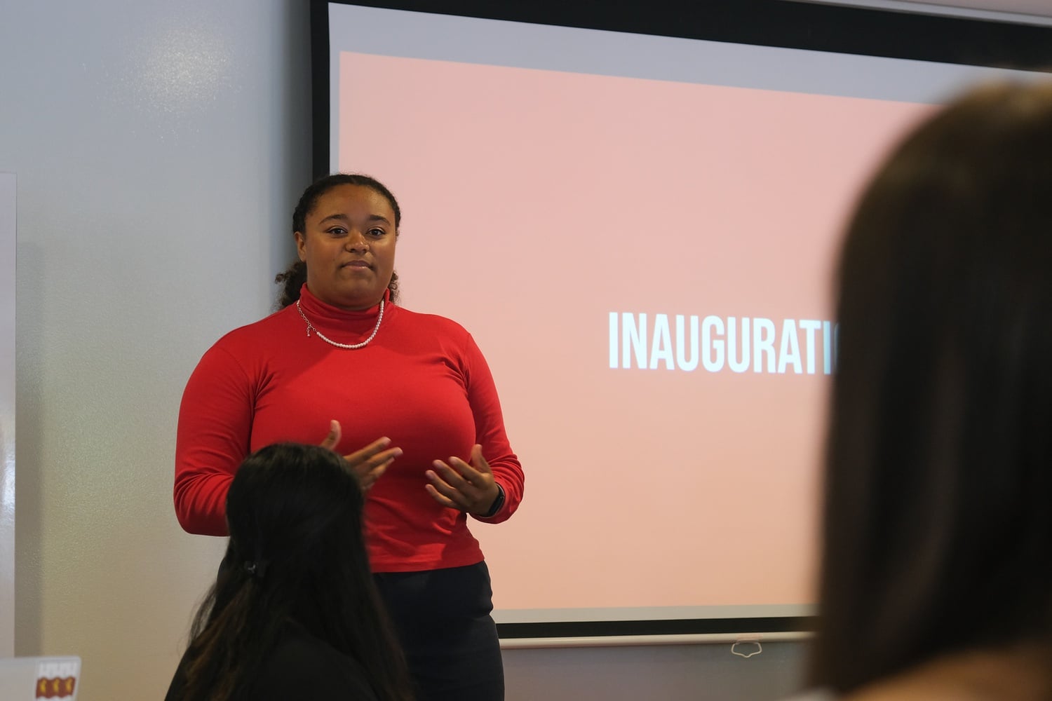 Harvard Undergraduate Association Co-President LyLena D. Estabine '24 speaks at the organization's inaugural meeting.
