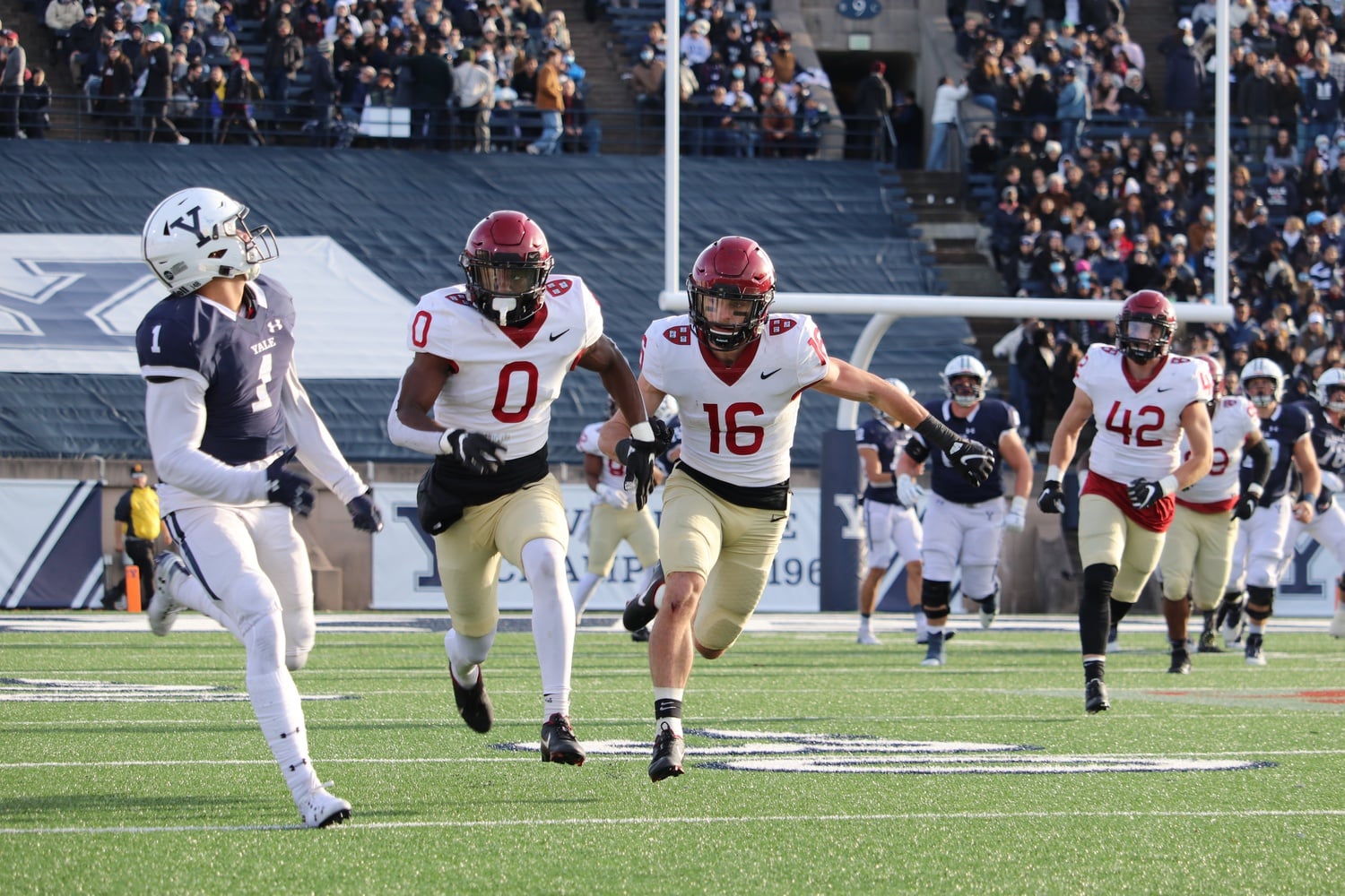 Senior defensive back Alex Washington (0) and senior safety James Herring (16) are two players projected to earn All-Ivy First Team nods this season. Here they are pictured in a 34-31 victory over Yale on Nov. 20, 2021.