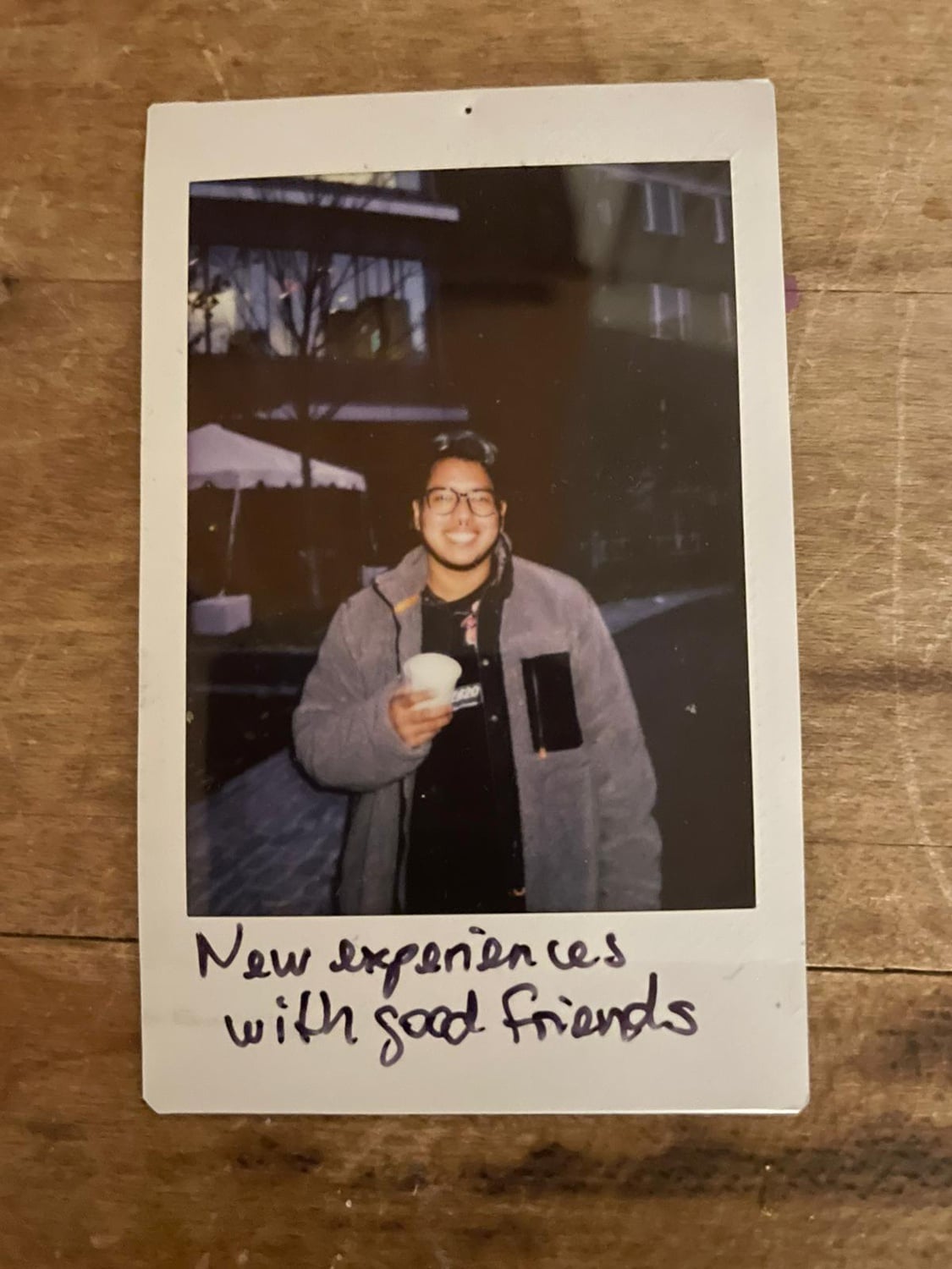 Rodrigo Ventocilla, pictured in a polaroid photograph outside of the Harvard Kennedy School.