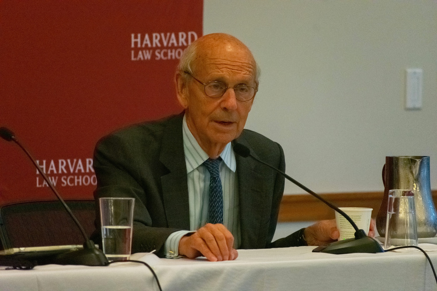Former U.S. Supreme Court Justice Stephen G. Breyer speaks at a Harvard Law School forum on Monday.