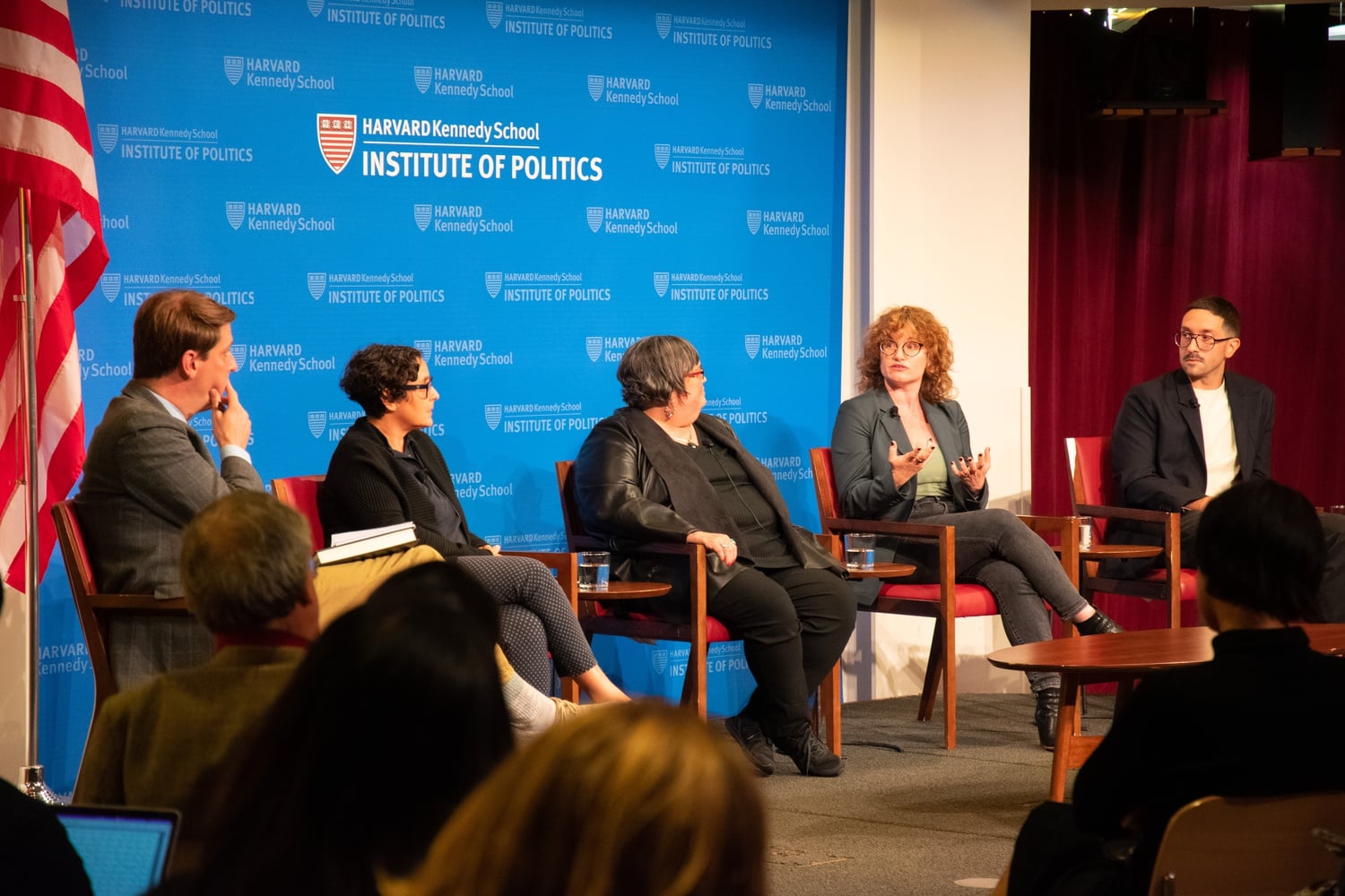 From left, Garrett M. Graff, Gabriella Coleman, Joan Donovan, Emily Dreyfuss, and Brian Friedberg discuss the role of memes in politics.