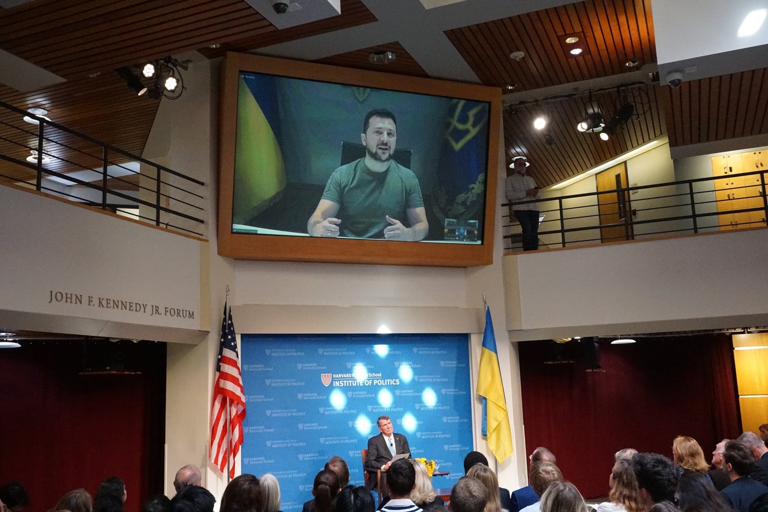 Ukrainian President Volodymyr Zelensky speaks via Zoom at a Harvard Institute of Politics forum on Tuesday. The discussion was moderated by former U.S. Defense Secretary Ash Carter, the director of the Harvard Kennedy School's Belfer Center.
