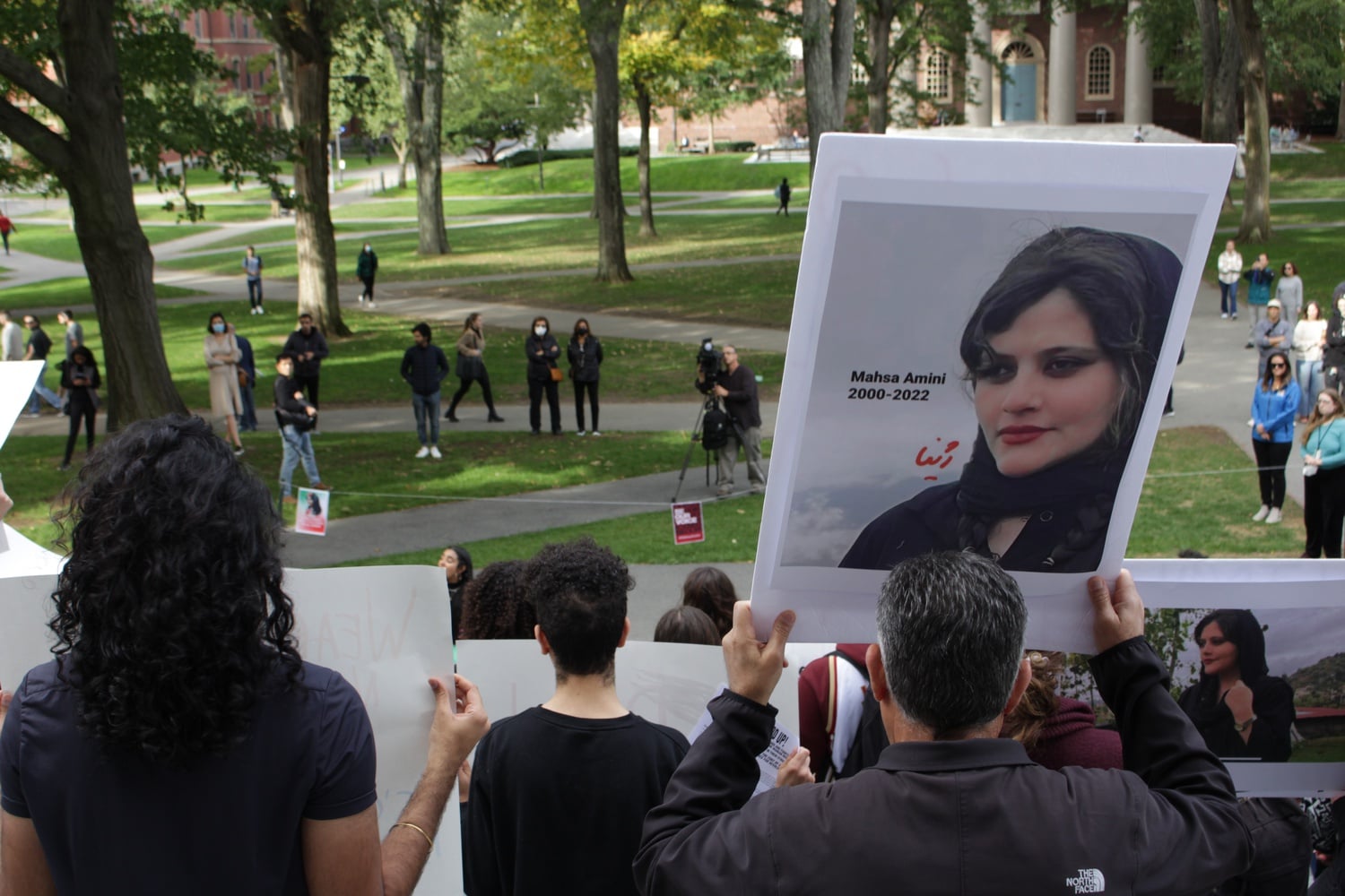 Harvard affiliates gathered in front of Widener Library in September to protest government restrictions on women in Iran.