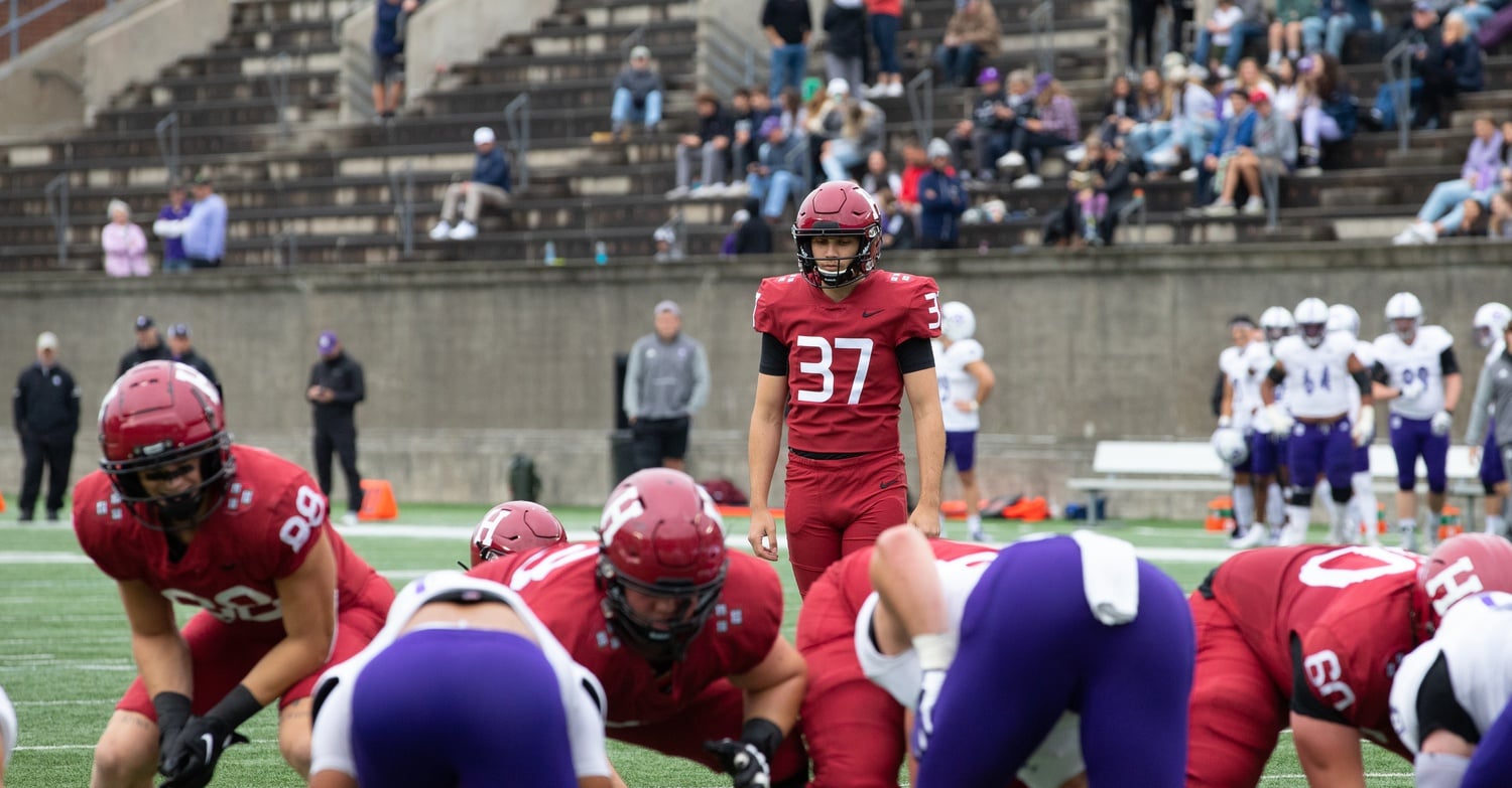 Senior kicker Jonah Lipel lines up for a 37-yard field goal attempt in Harvard's 30-21 loss to Holy Cross on Oct. 1. After missing the kick, Lipel will hope to bounce back with a strong performance against Cornell on Friday.