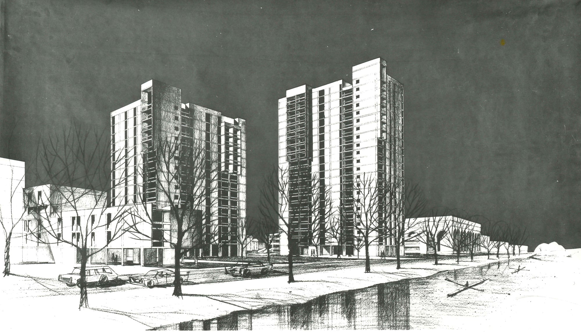 Renderings of the proposed Treeland development, a towering graduate student housing complex which was planned for the Treeland-Bindery site in Riverside. After prolonged pushback from residents, the Treeland plans were scrapped in 1971.