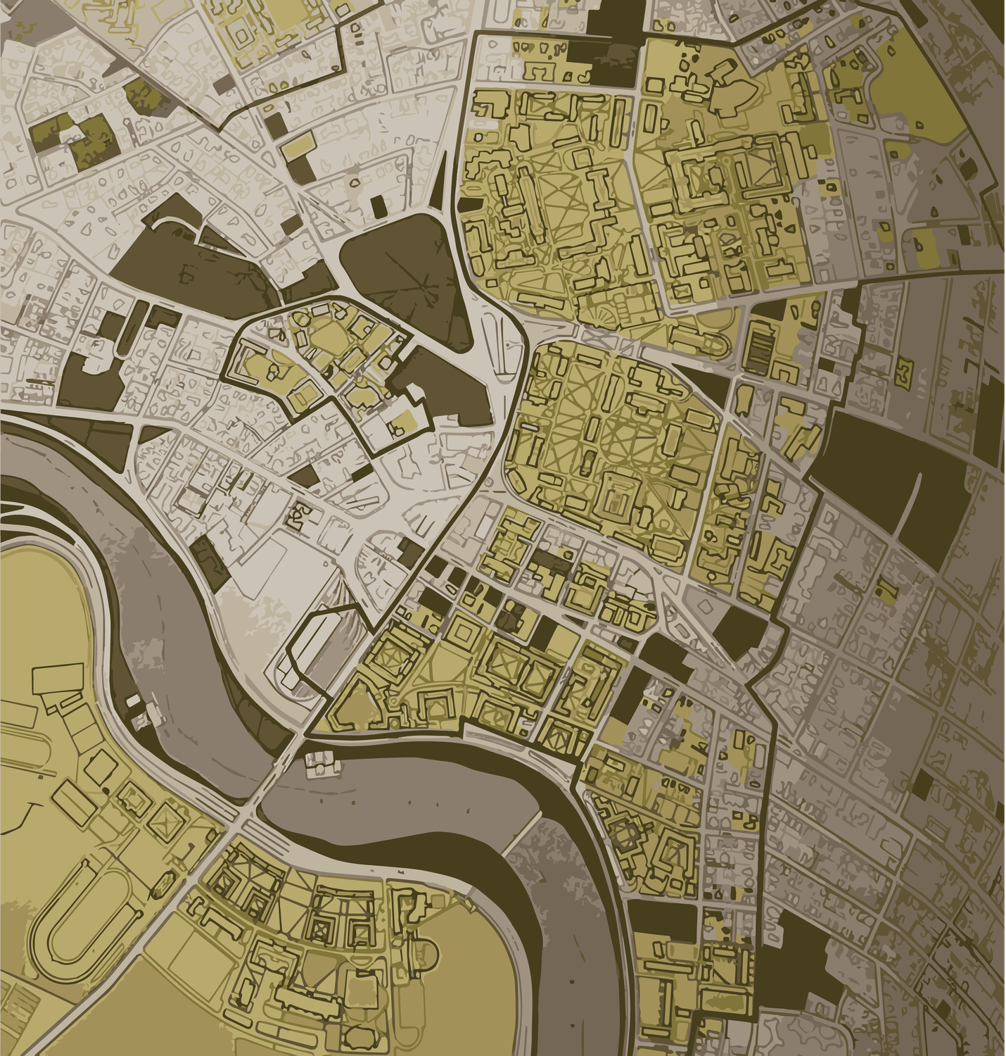 In 1972, Harvard declared a 18-month moratorium on new property purchases outside the dark green line. Map originally from "Building Old Cambridge."