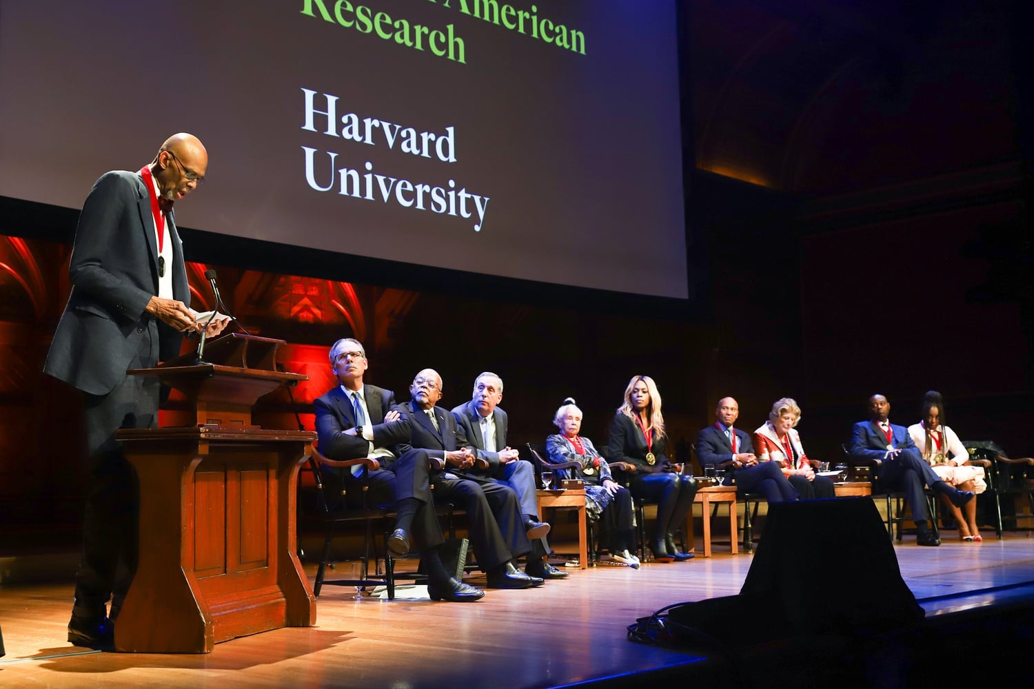 Basketball legend Kareem Abdul-Jabbar speaks at the W.E.B. Du Bois Medal ceremony on Thursday