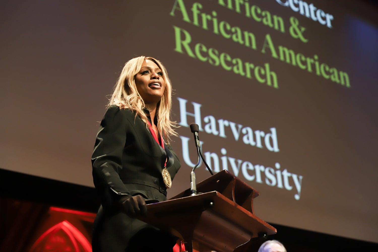 Actress Laverne Cox speaks at the 2022 W.E.B. Du Bois Medal Ceremony at Harvard on Thursday.