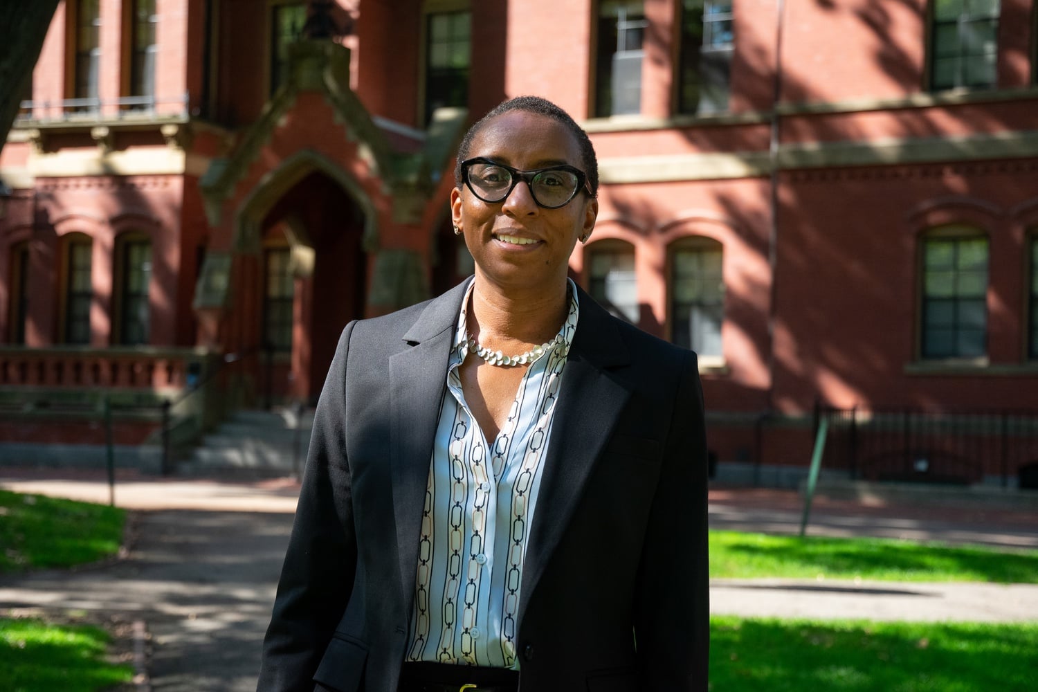 Harvard Faculty of Arts and Sciences Dean Claudine Gay poses for a portrait in Harvard Yard on Wednesday.