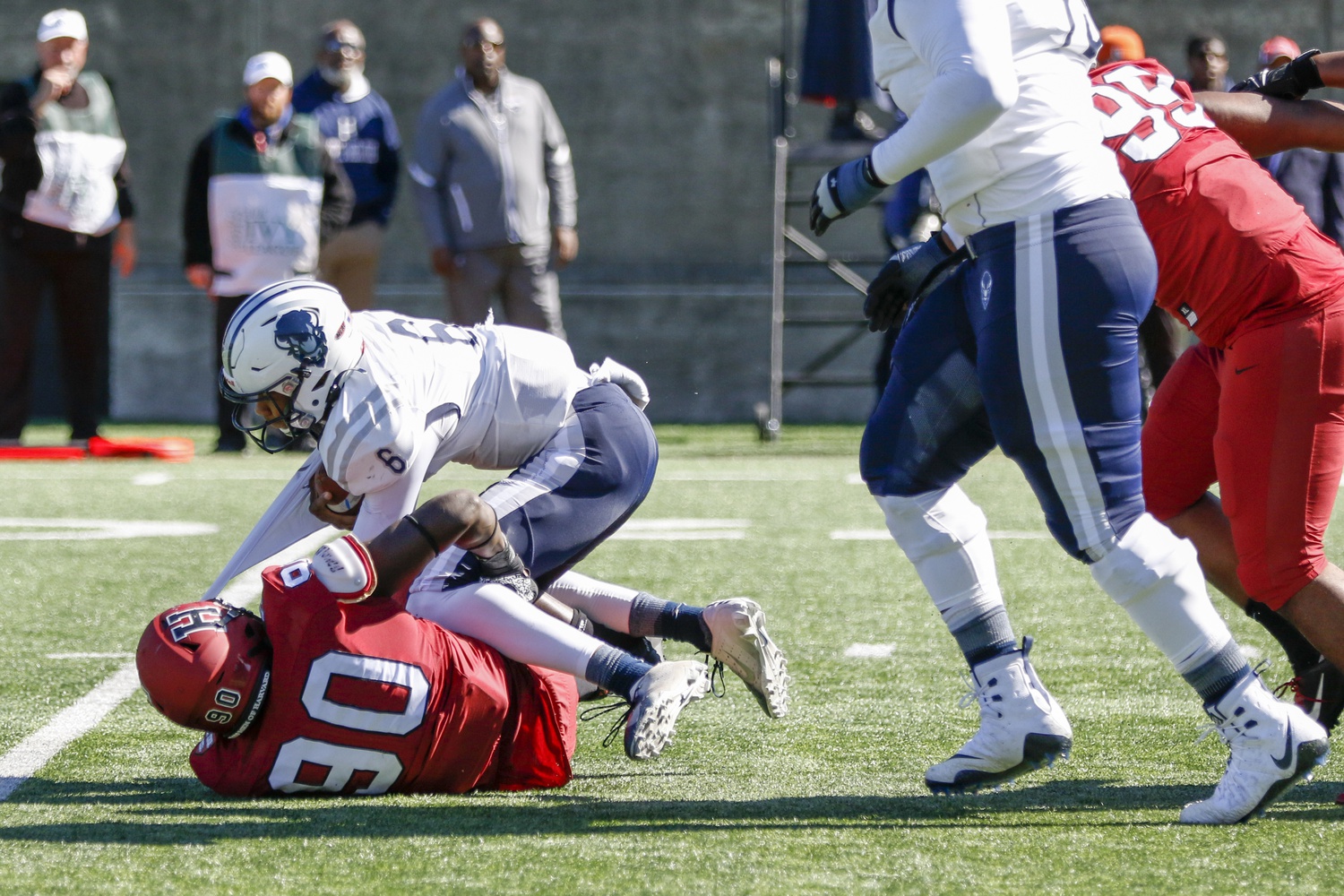 Senior defensive lineman Truman Jones, then a sophomore, racks up one of his 3.5 sacks in the 62-17 win over Howard on Oct. 5, 2019. Jones is the captain and veteran leader of this Crimson squad.