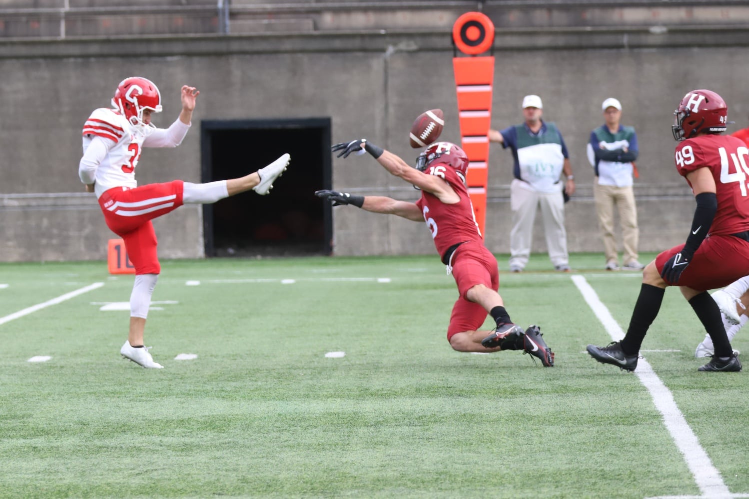 Senior defensive back James Herring blocks a punt in a win over Cornell on Oct. 9, 2021. During Saturday's win, Herring recorded the fifth punt block of his career.