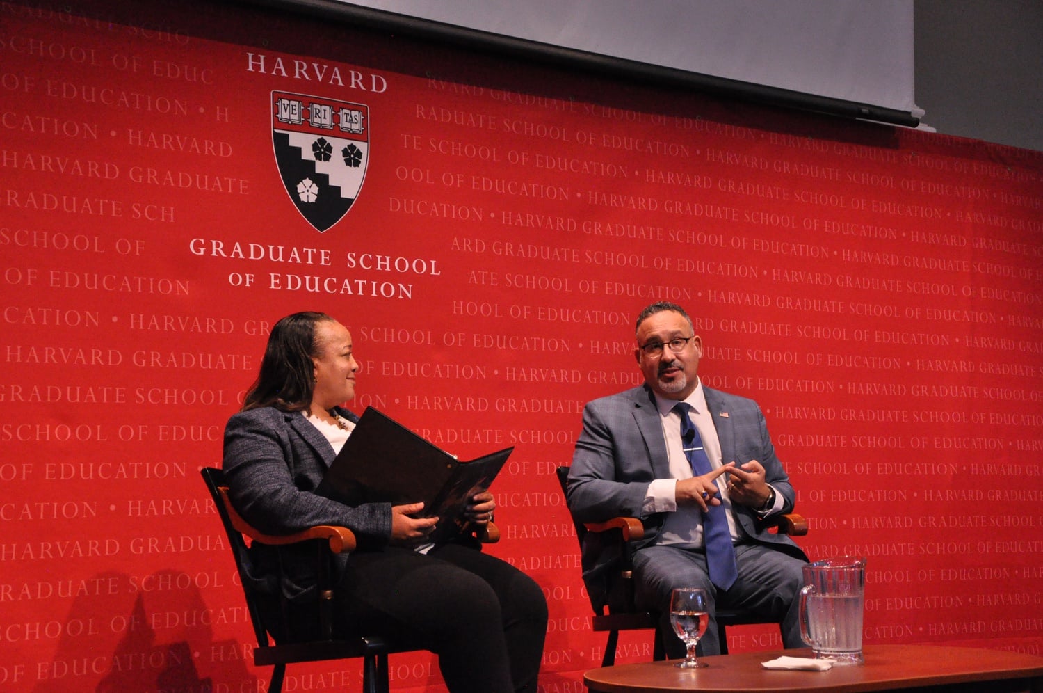 U.S. Secretary of Education Miguel Cardona spoke at the Harvard Graduate School of Education on Friday.