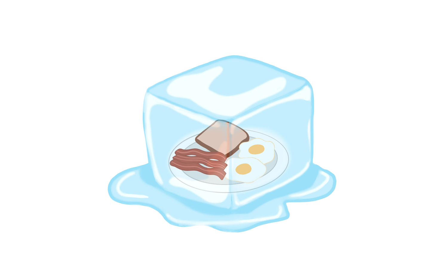 Drawing of a plate of bacon, eggs, and toast inside a melting ice cube.