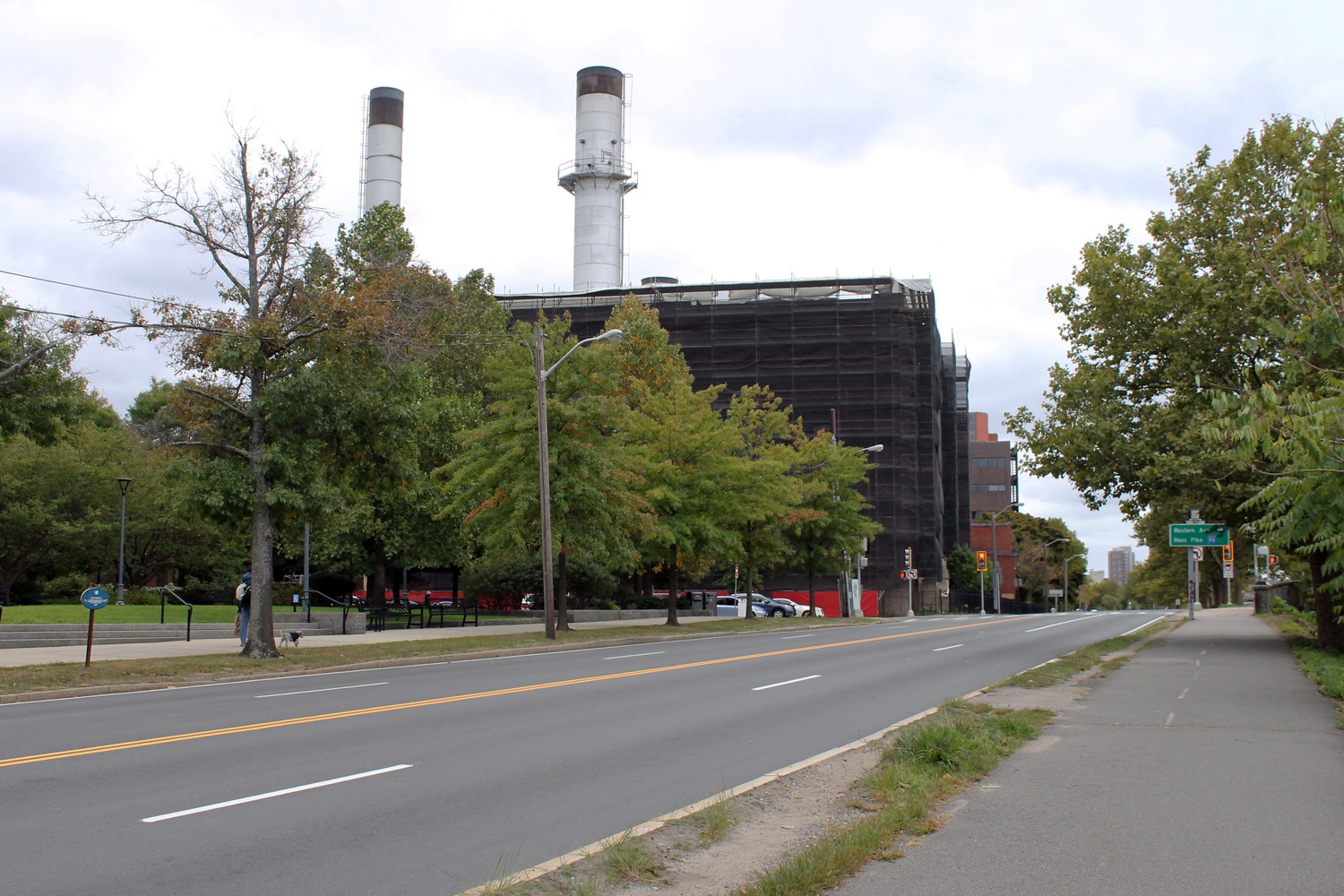 The towers of Blackstone Steam Plant rise above Memorial Drive.