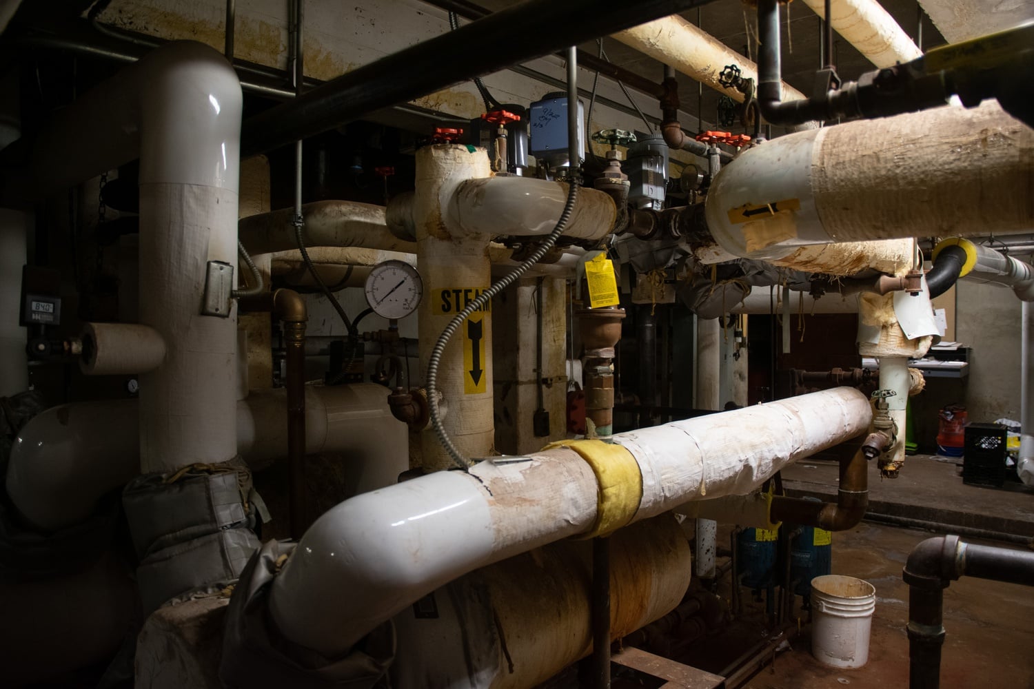 The boiler room under Pfoho is a labyrinth of intersecting pipes.