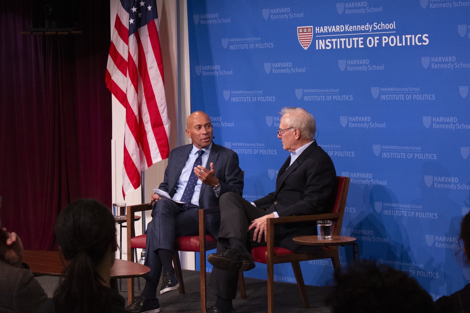 Former Massachusetts Governor Deval Patrick '78 moderated Monday's IOP Forum on global democracy and American leadership, featuring Washington Post foreign affairs columnist David Ignatius.