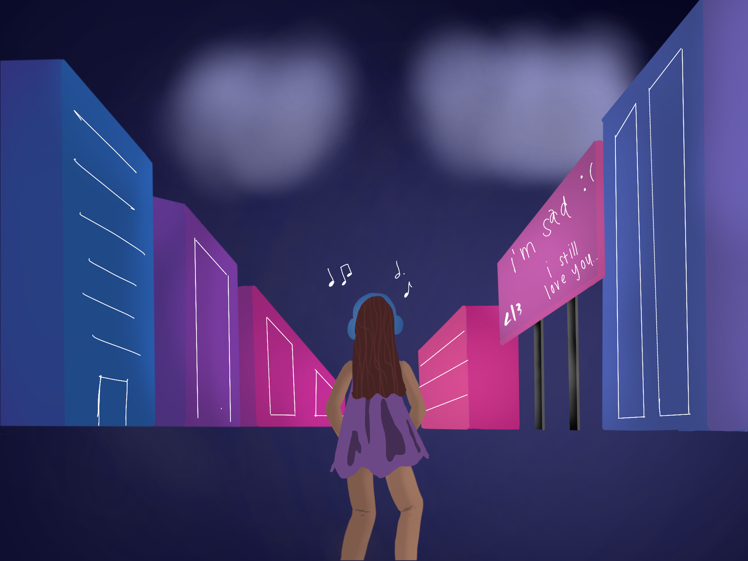 A drawing of a sad girl listening to music through her headphones, walking down a dark city street.