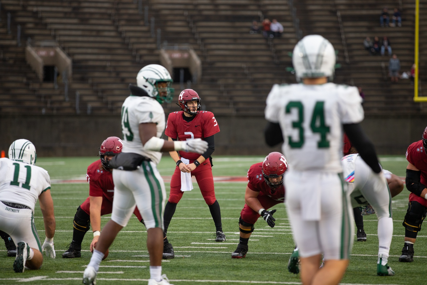 Senior quarterback Luke Emge awaits the snap in a 20-17 loss to Dartmouth on Oct. 30, 2021. On Saturday, Emge got his revenge, completing 11 of his 17 passes for 195 yards in a 28-13 victory over the Big Green.