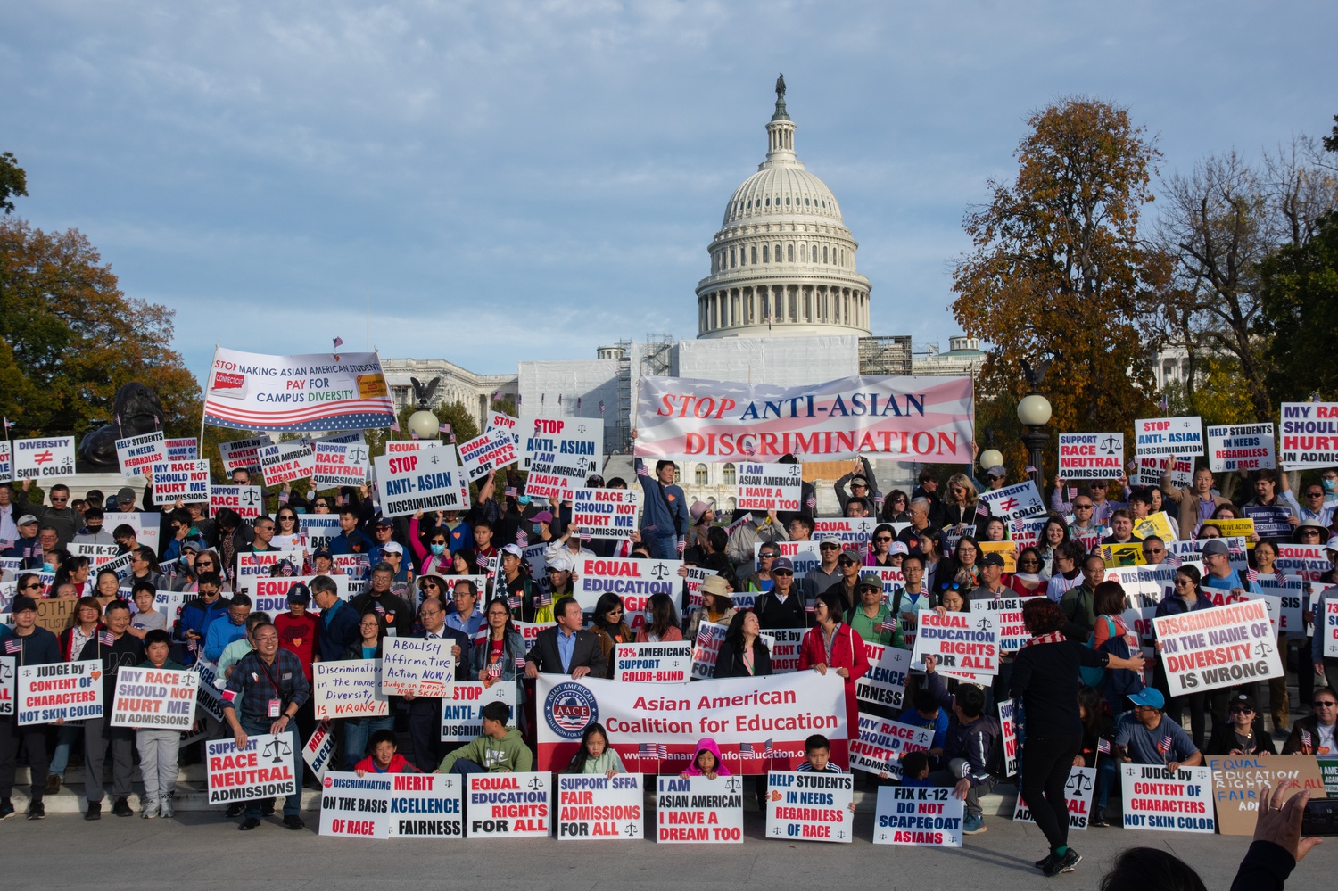 Students for Fair Admissions supporters rally outside the U.S. Capitol in 2022. SFFA cites an analysis by Ron K. Unz '83 in its complaint to support its argument against affirmative action.