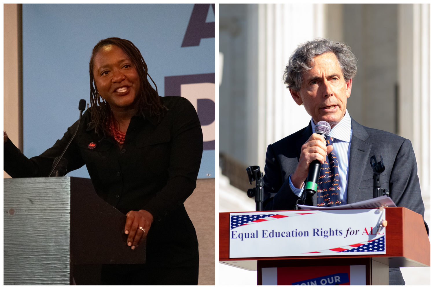Legal Defense Fund President Janai S. Nelson, left, and Students for Fair Admissions President Edward J. Blum speak at dueling affirmative action rallies in Washington on Sunday.