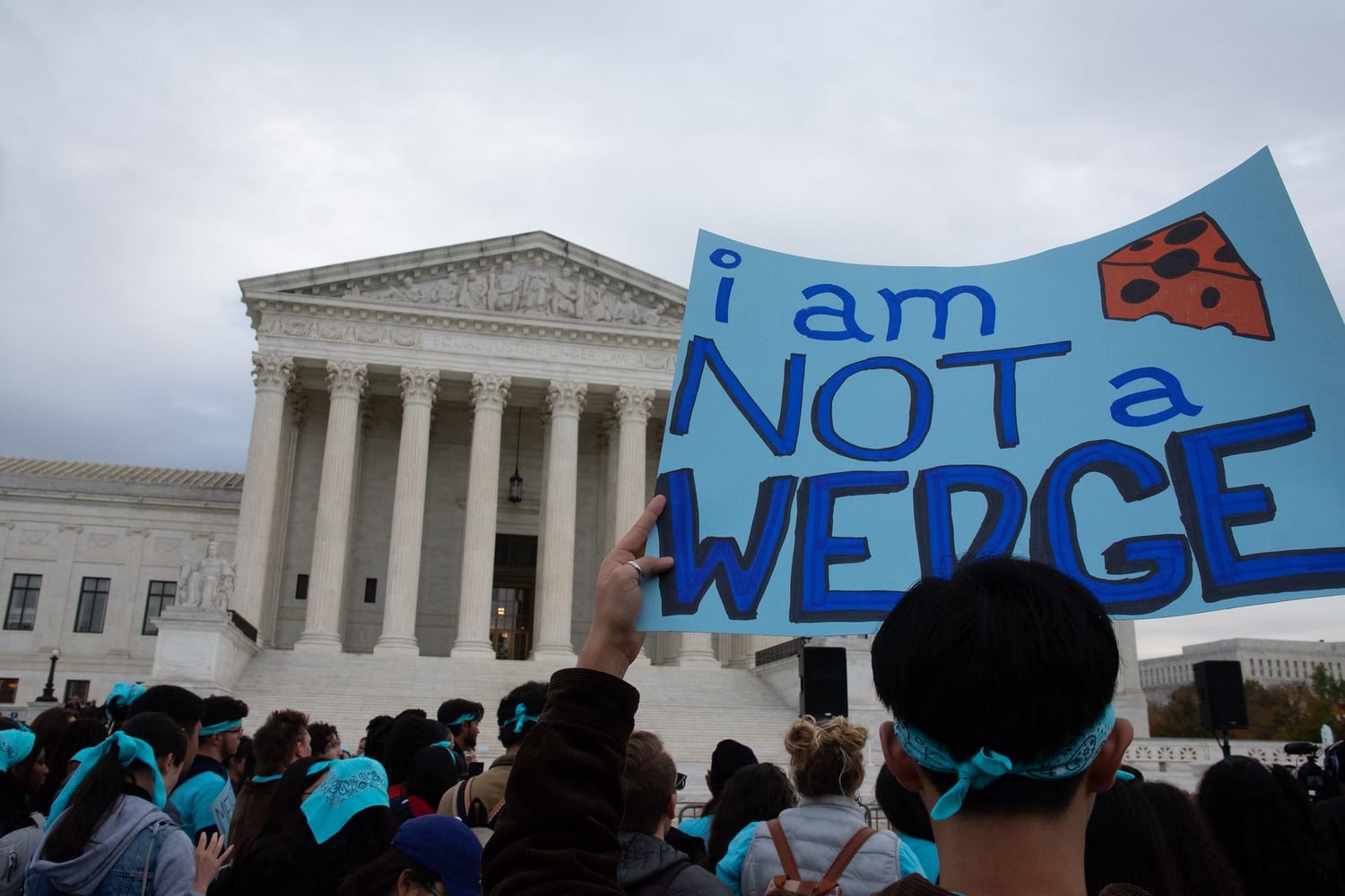 Demonstrators gathered outside the Supreme Court on Monday morning.