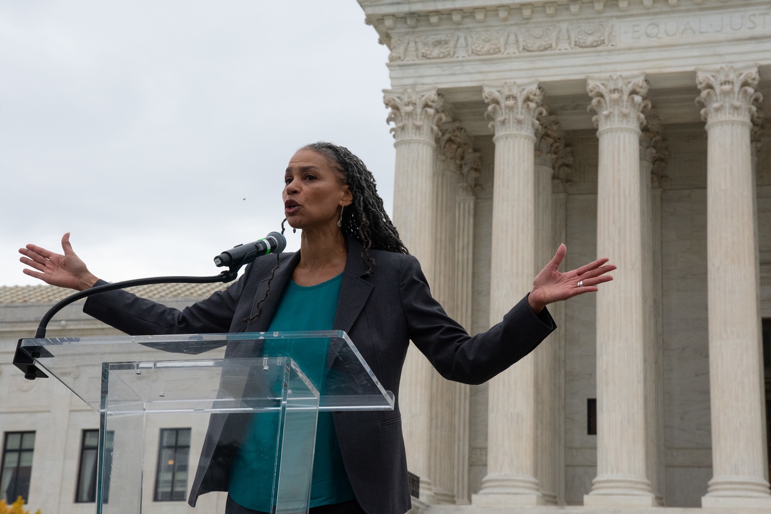 Civil rights activist Maya D. Wiley speaks at a pro-affirmative action rally outside the Supreme Court on Monday.
