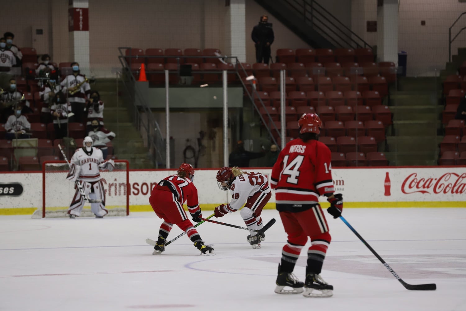 Sophomore goalie Alex Pellicci (1) waits in goal during a 4-3 overtime victory over RPI on Dec. 4, 2021. In Friday's loss to Yale, Pellicci made 53 saves, the third-most in school history.