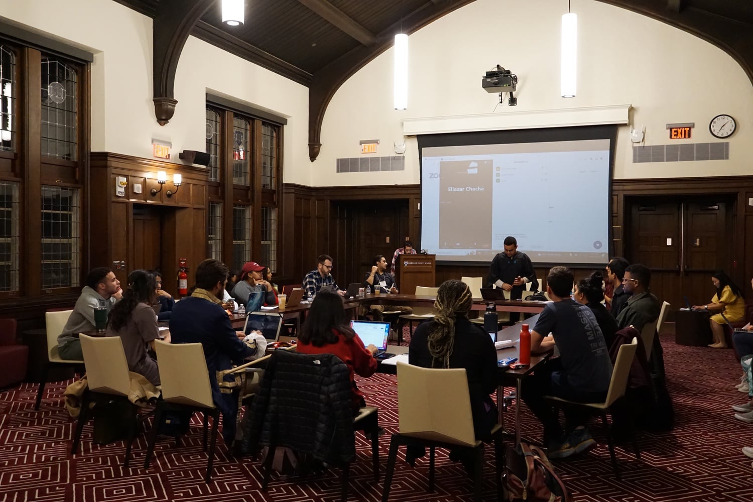 The HGC rotates its meeting venues between Harvard's graduate schools. In an Oct. 31, 2022 meeting, members convene at the Harvard Divinity School.