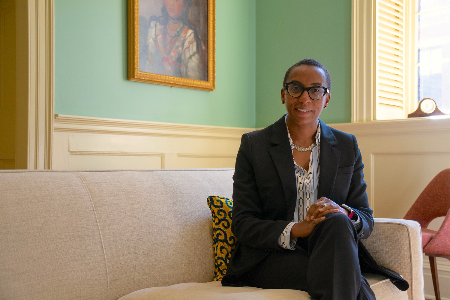 Harvard Faculty of Arts and Sciences Dean Claudine Gay poses for a photo in University Hall on Oct. 12.