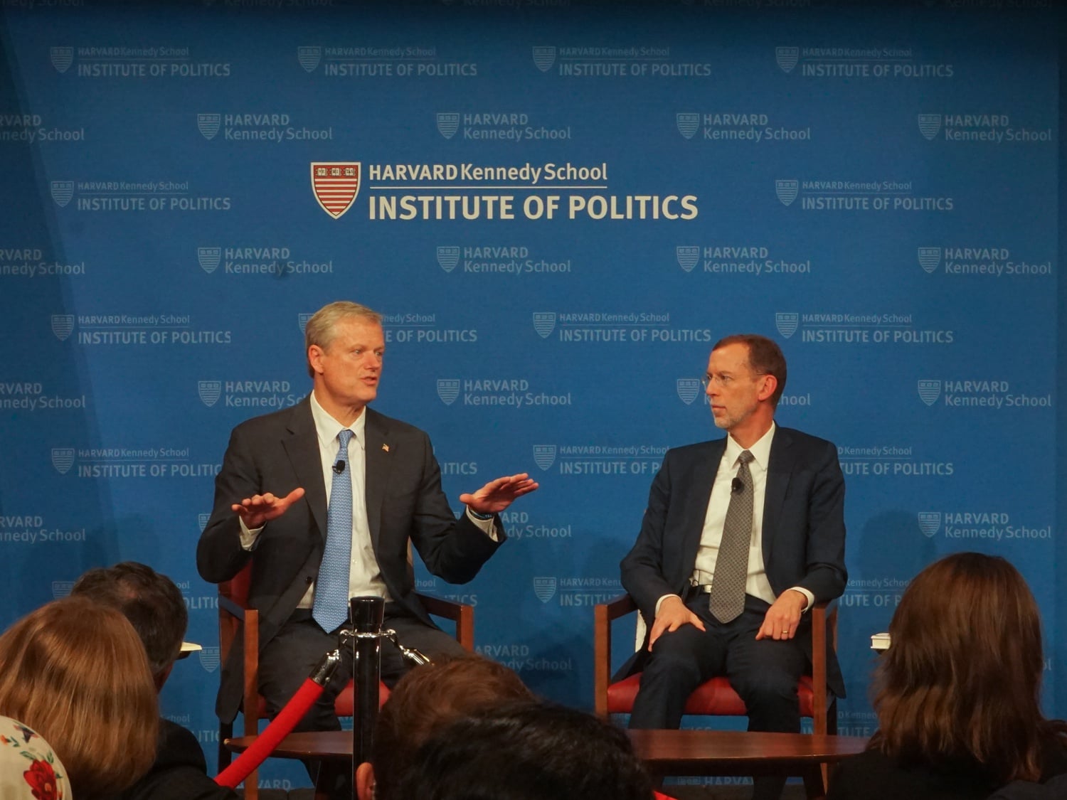 Massachusetts Governor Charlie D. Baker ’79 spoke with Harvard Kennedy School Dean Douglas W. Elmendorf at the John F. Kennedy Jr. Forum Thursday evening.