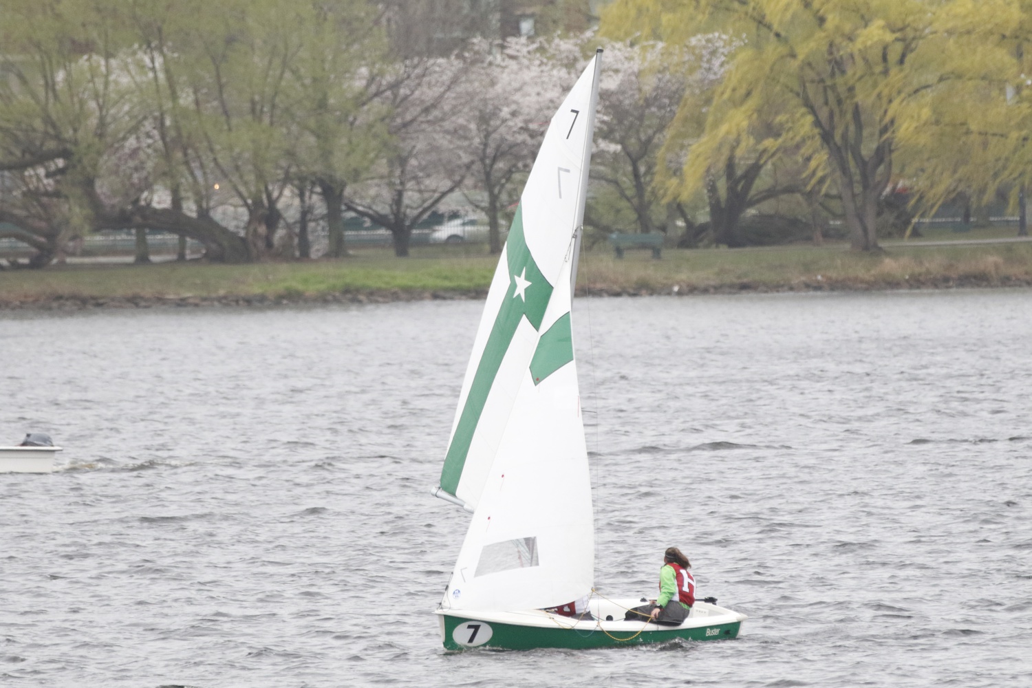 A team of Harvard sailors battles choppy conditions in the New England Women's Championship on April 20, 2019. Harvard placed second at the Open Atlantic Coast Championships.